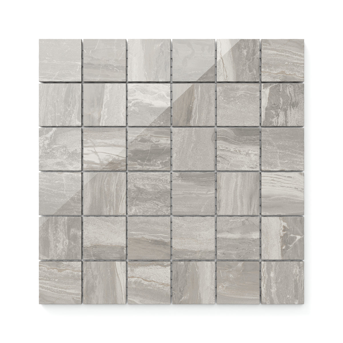 Featuring a polished taupe finish with subtle veining, these 2x2 mosaic tiles offer a refined and modern touch, perfect for a chic design.