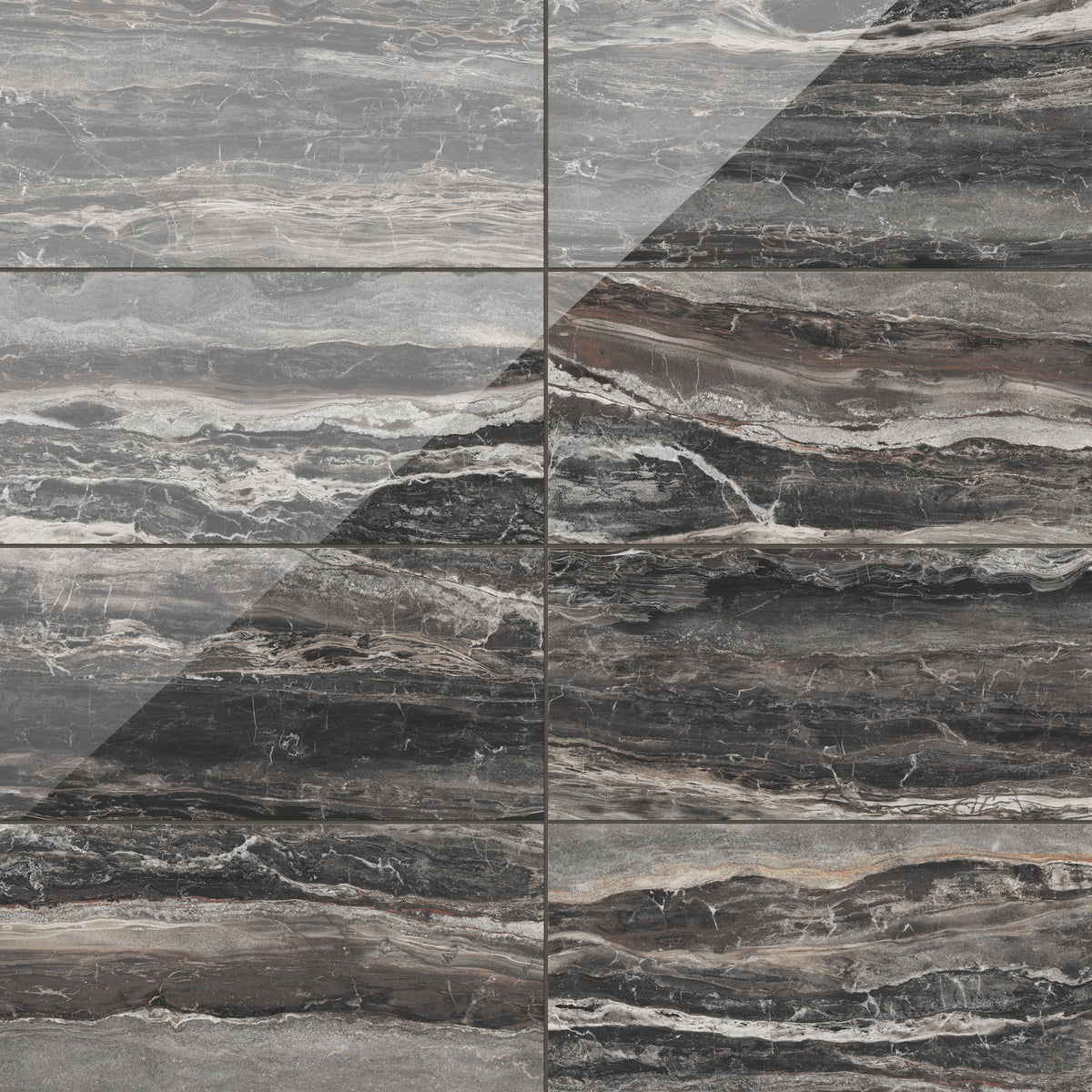 These striking 12x24 polished brown tiles showcase bold veining in contrasting hues, perfect for establishing a rich, dramatic ambiance and adding a touch of luxury to any space.
