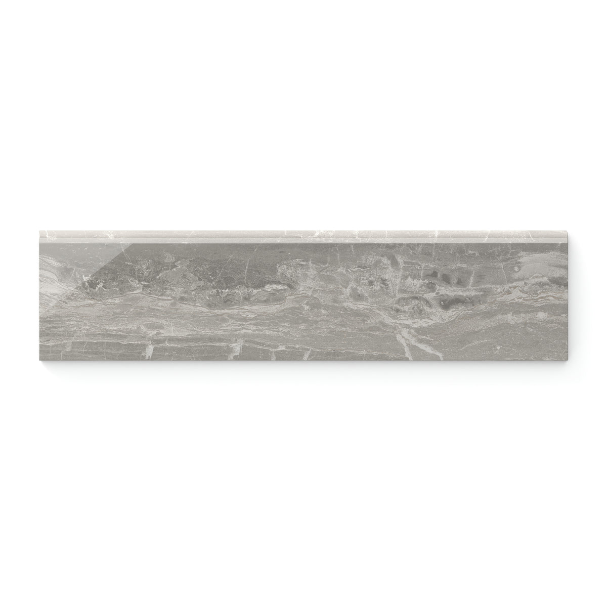 3x12 polished bullnose tile features refined taupe hues and delicate veining, offering a sleek and elegant edge detail for any design.