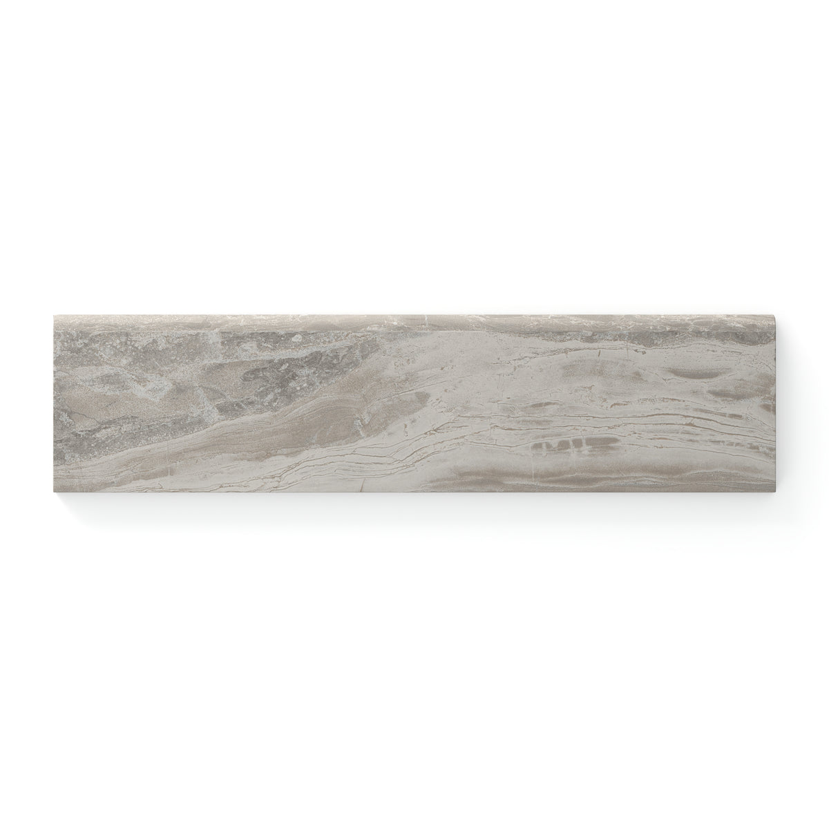 Harley Taupe 3x12 bullnose matte tile featuring soft taupe tones and natural veining, ideal for a seamless and refined edge in modern designs.