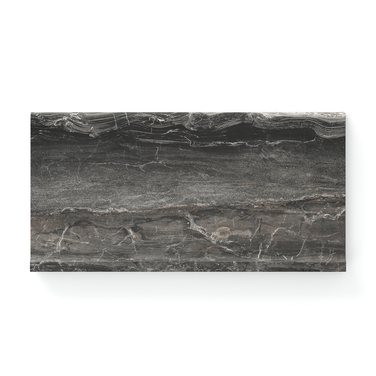 arley Graphite 6x12 cove base matte tile featuring dark grey and brown tones with striking natural veining, perfect for adding bold sophistication to any space. 