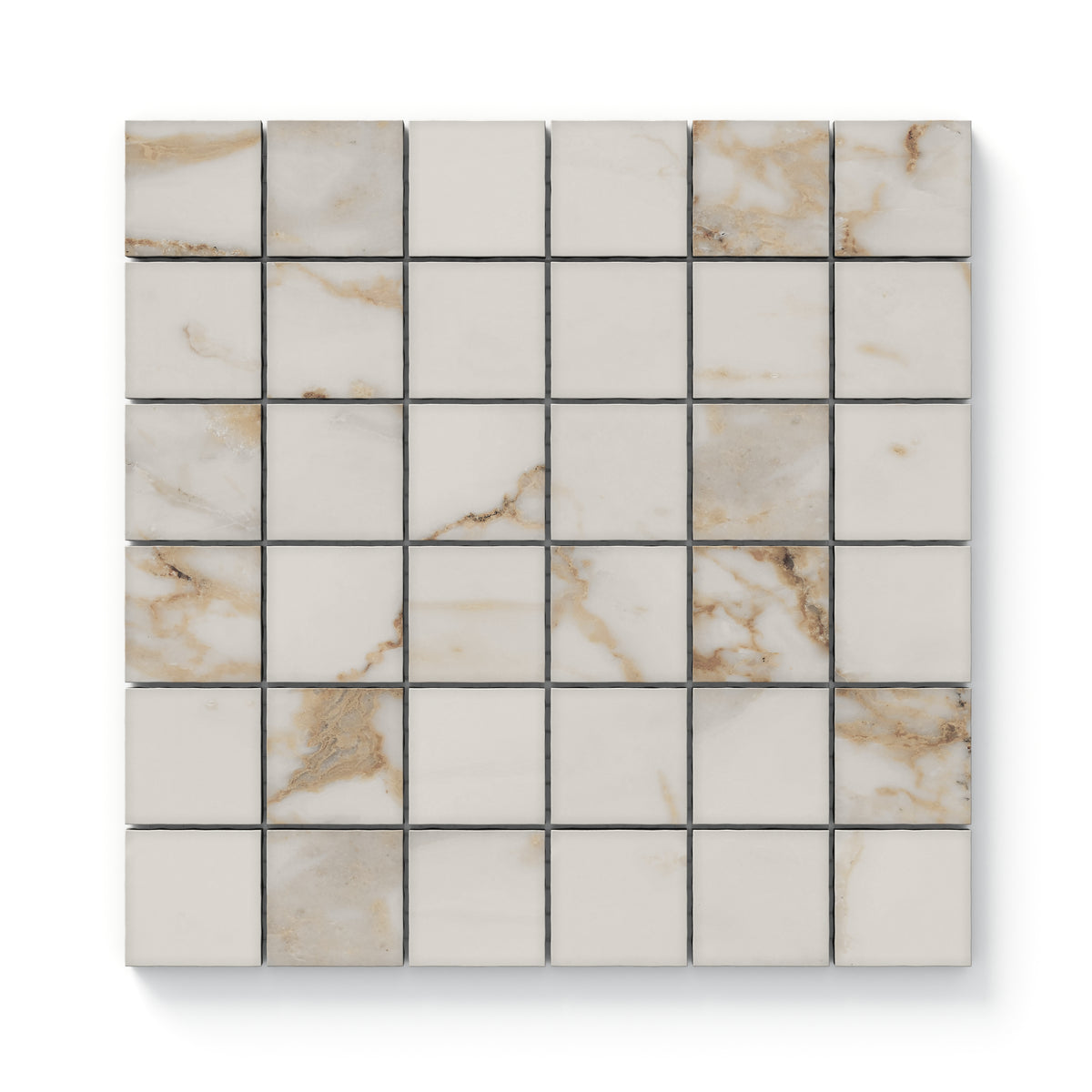Calacatta Gold matte mosaic tiles in a 2x2 grid, featuring rich golden veining on a creamy white base, ideal for adding timeless elegance.