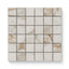 Calacatta Gold matte mosaic tiles in a 2x2 grid, featuring rich golden veining on a creamy white base, ideal for adding timeless elegance.