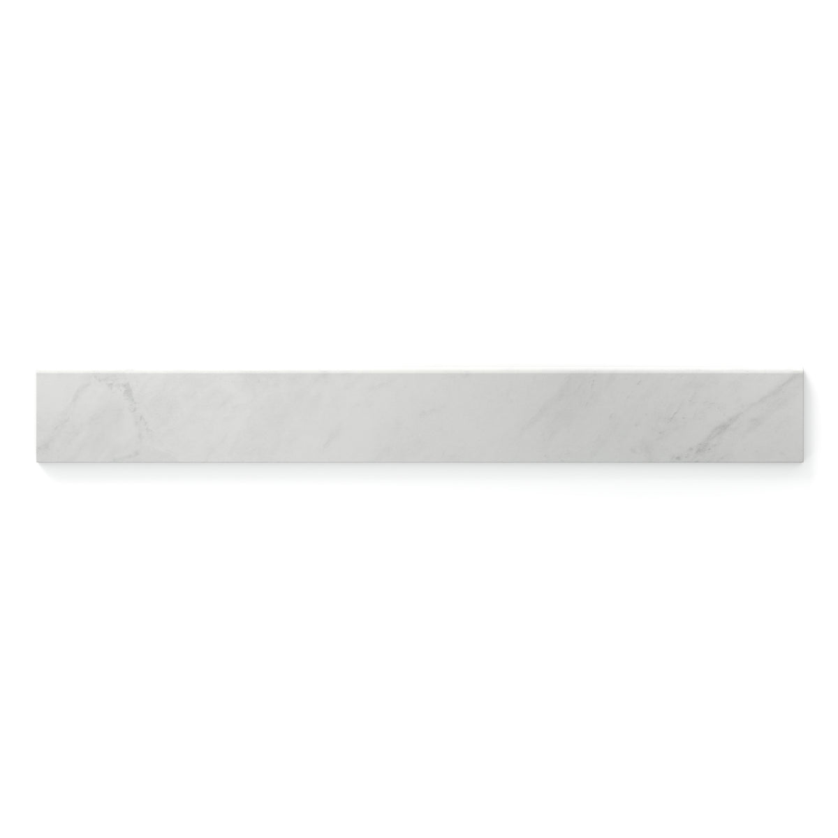 Alaska Glacier matte bullnose trim tile in a 3x24 size, featuring soft white and grey marble veining for a seamless, polished finish.
