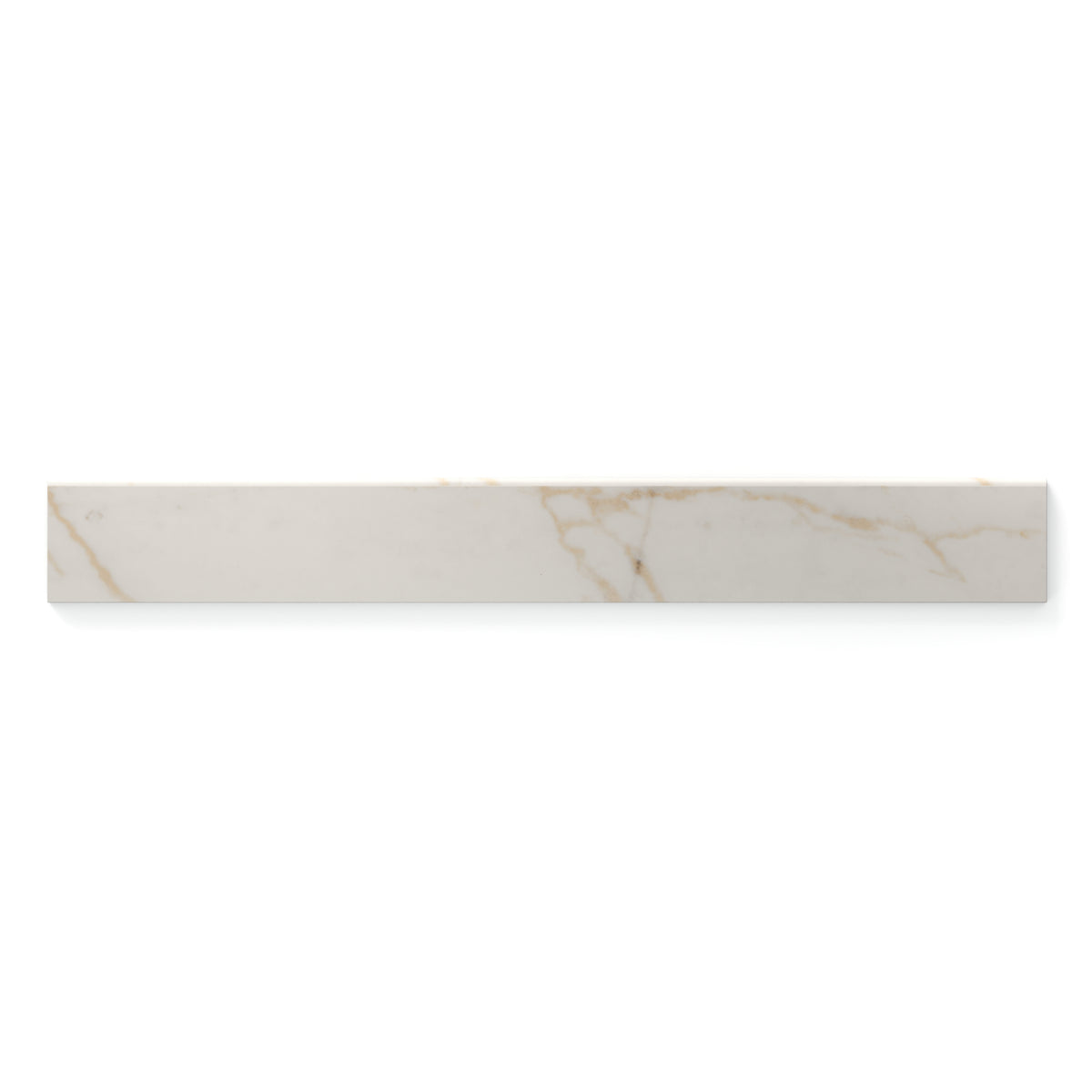 The 3x24 Calacatta Gold matte bullnose tile features a creamy white base with striking golden veining, making it the perfect choice for a smooth, elegant edge detail that enhances any design.