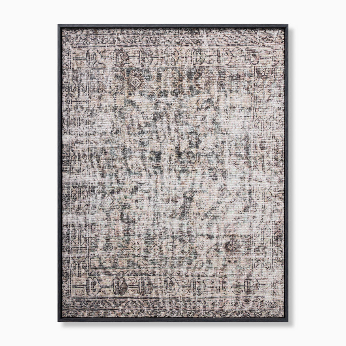 Wall art featuring muted taupe and dark gray tones, softly faded ornamental motifs, layered textures, and an atmospheric, timeworn finish framed in black.