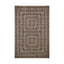 Geometric indoor/outdoor rug with a dynamic optical pattern in black and brown tones, creating depth and movement through linear repetition.
