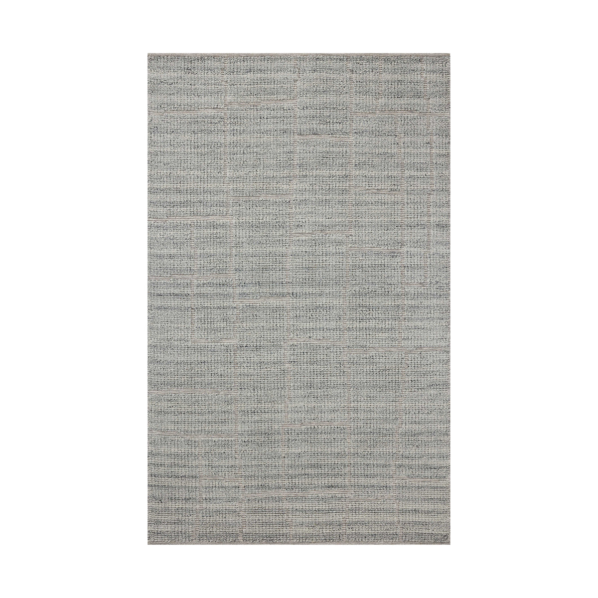 This bluish gray rug features abstract rectangular linework created by a tightening, flattened weave, crafted from an eco-friendly wool, cotton, and polyester blend for soft, lasting wear.