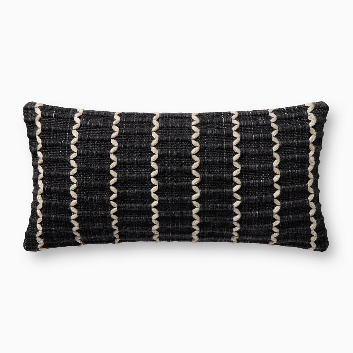 Marisette 12x27 pillow cover in black with white looping thread pattern, dimensional knife-edge profile, and durable woven texture.