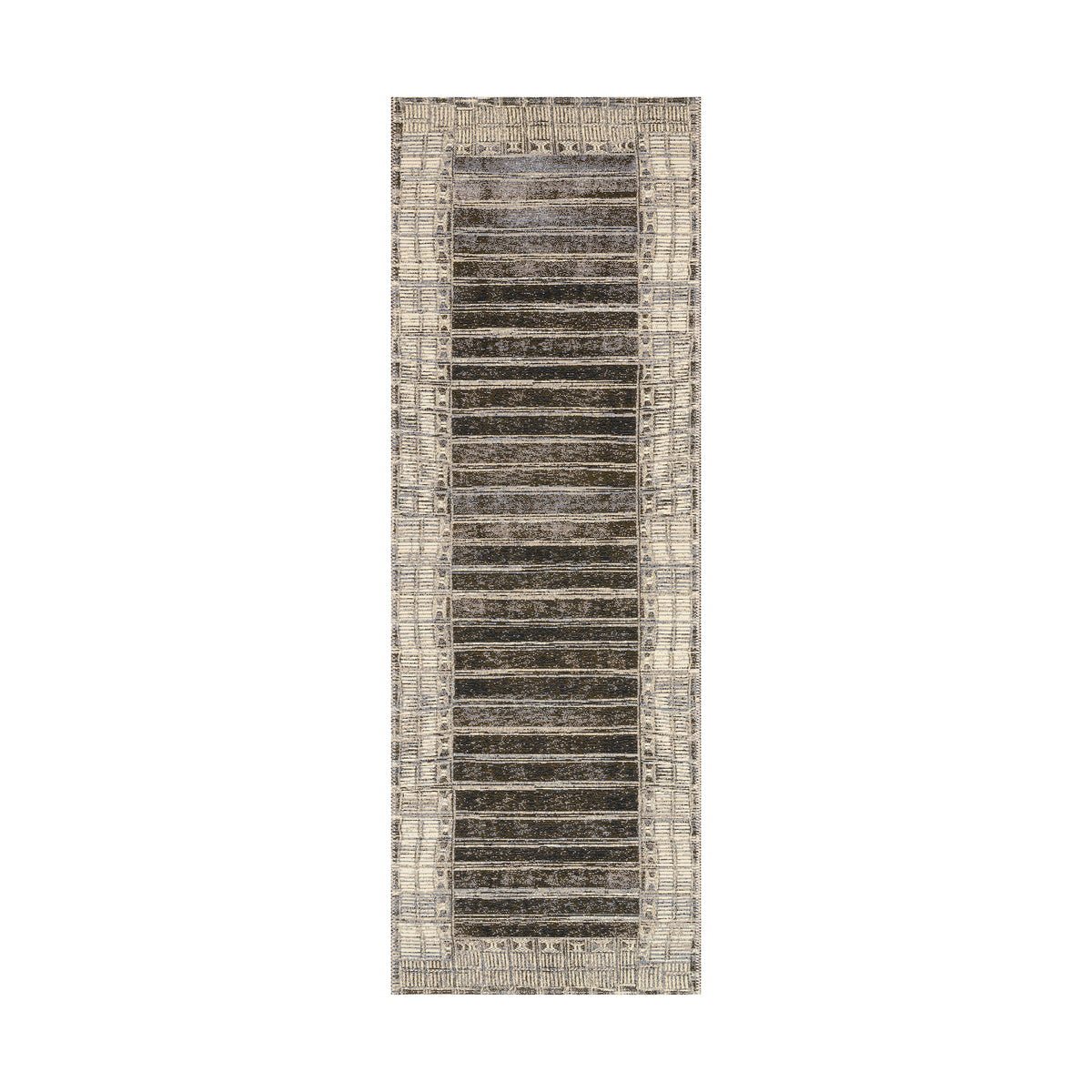 Long runner rug featuring layered horizontal stripes with subtle texture, bordered by a woven geometric frame in gray, taupe, and beige tones, designed for hallways or narrow spaces.
