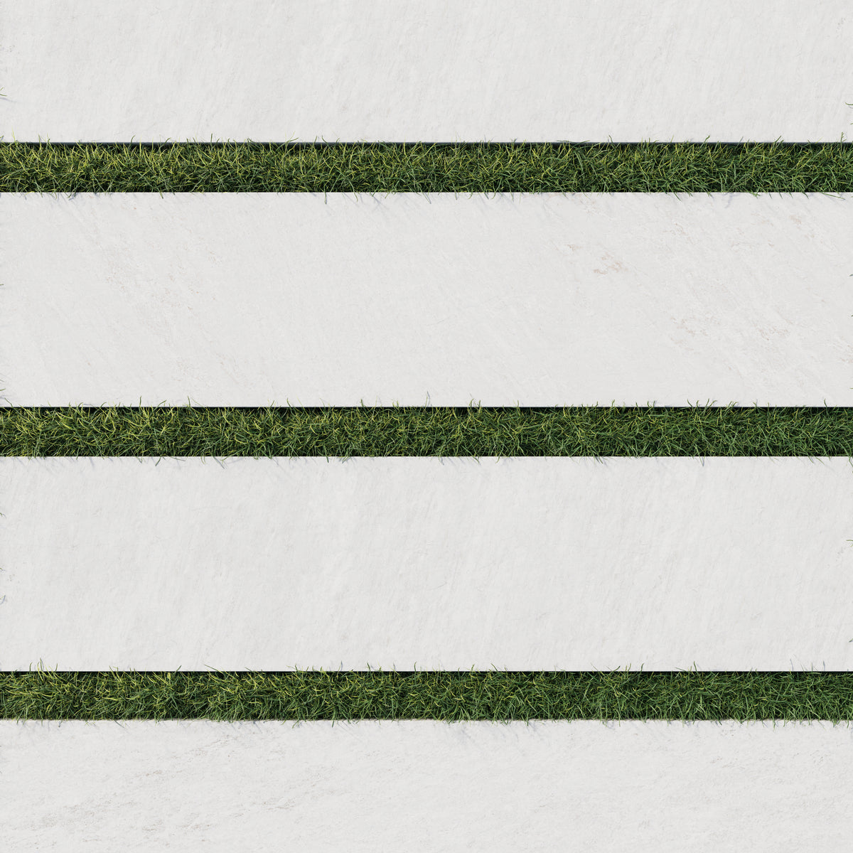 Carter Ash 12x48 Matte Porcelain Pavers, 2cm thick, in white tones with subtle stone-like patterns, integrated with green grass strips for a sleek outdoor look.