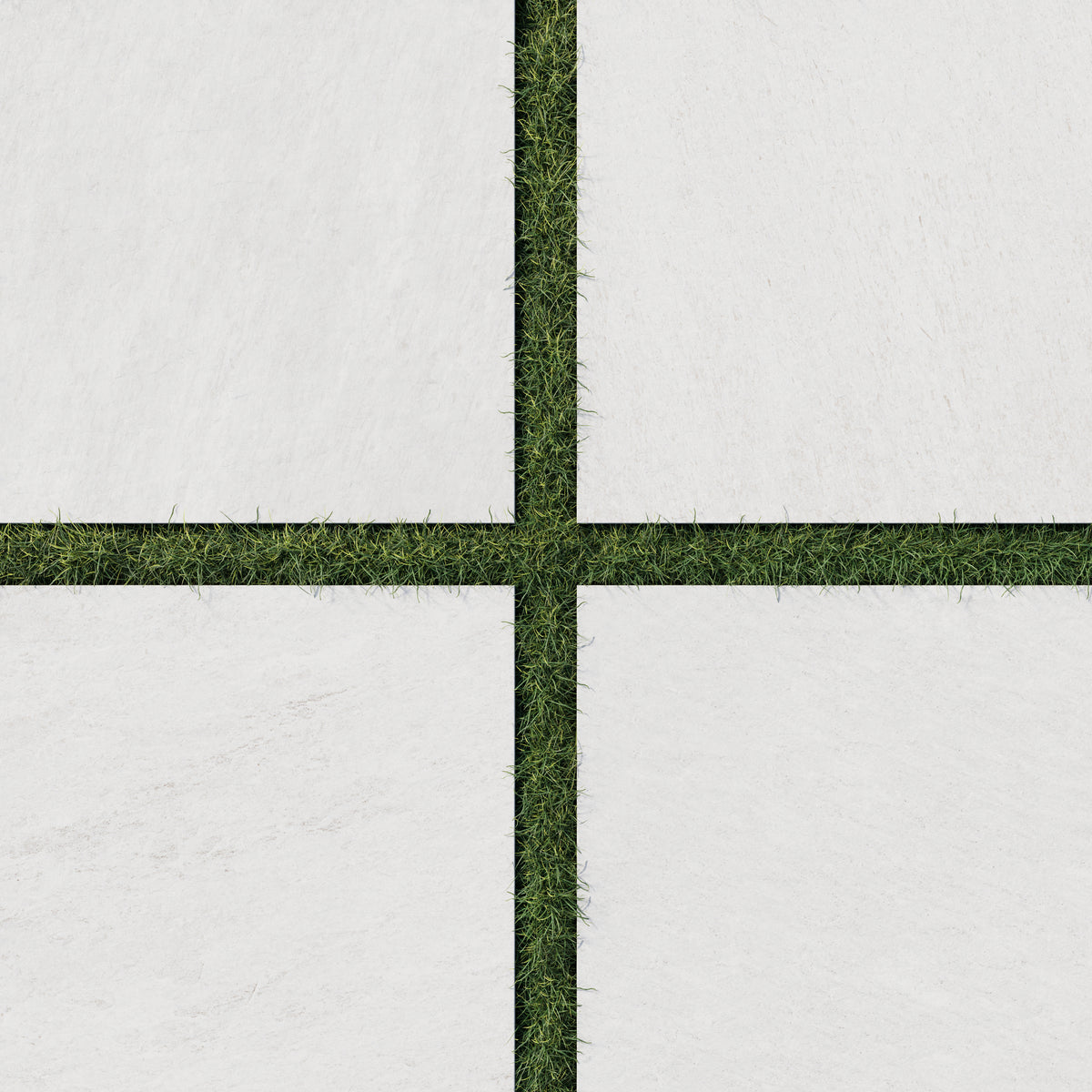 Carter Ash 24x24 Matte Porcelain Pavers, 2cm thick, showcasing a clean white surface with subtle natural variations, paired with grass for a minimalist outdoor design.