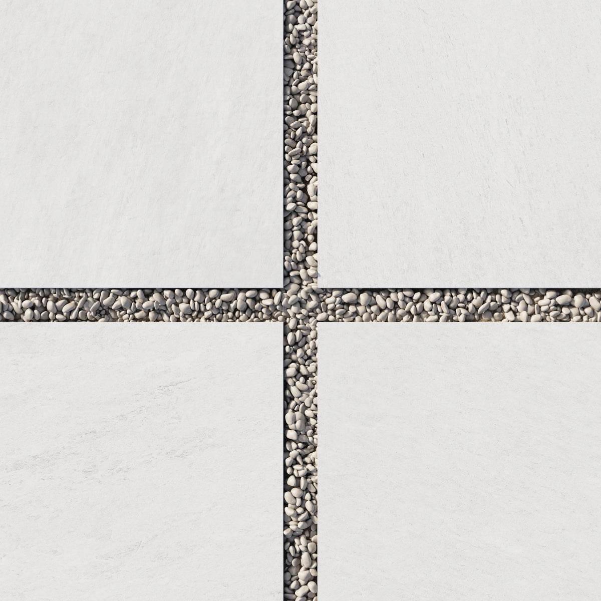 Close-up of Carter Ash 24x24 Matte Porcelain Pavers, 2cm thick, highlighting their pristine white surface paired with decorative stones.