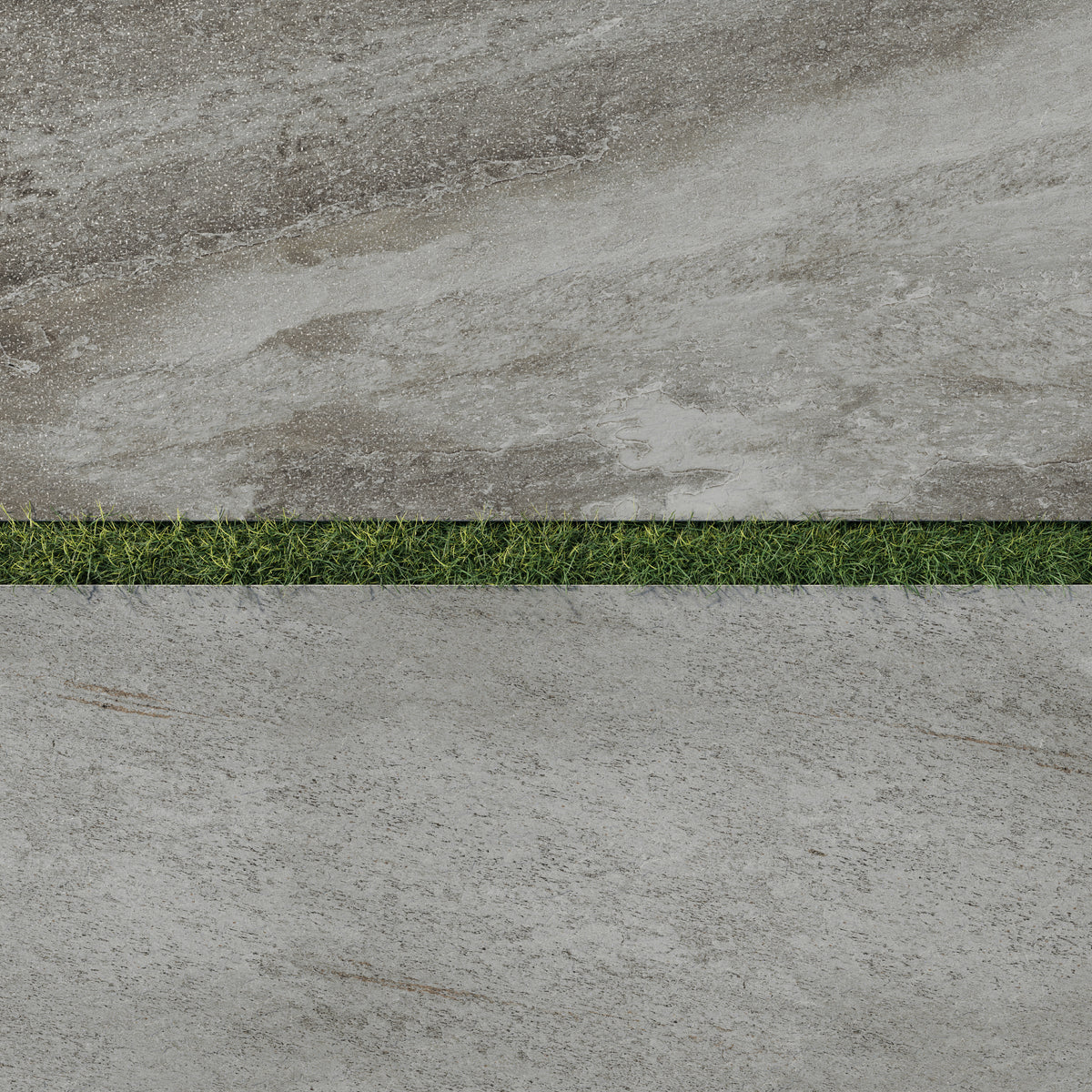 Close-up of Carter Fossil 24x48 Matte Porcelain Pavers, 2cm thick, showcasing a textured stone design with natural tones and lush grass accents.