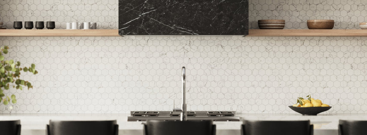 White kitchen backsplash tiles provide a pristine, elegant finish, enhancing the kitchen's charm and style.