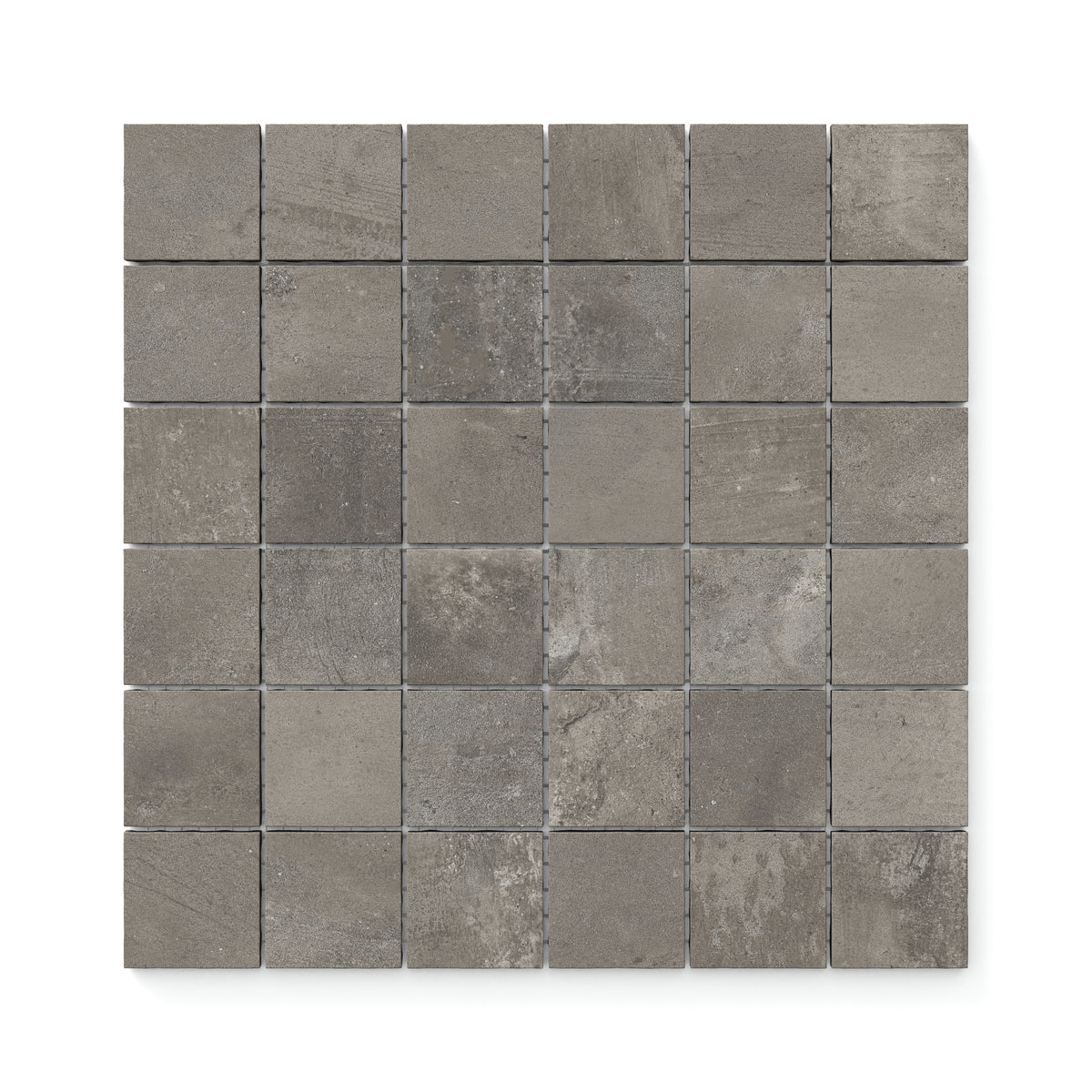 2x2 matte mosaic porcelain tiles featuring deep gray-brown tones and a weathered concrete texture, ideal for modern interiors