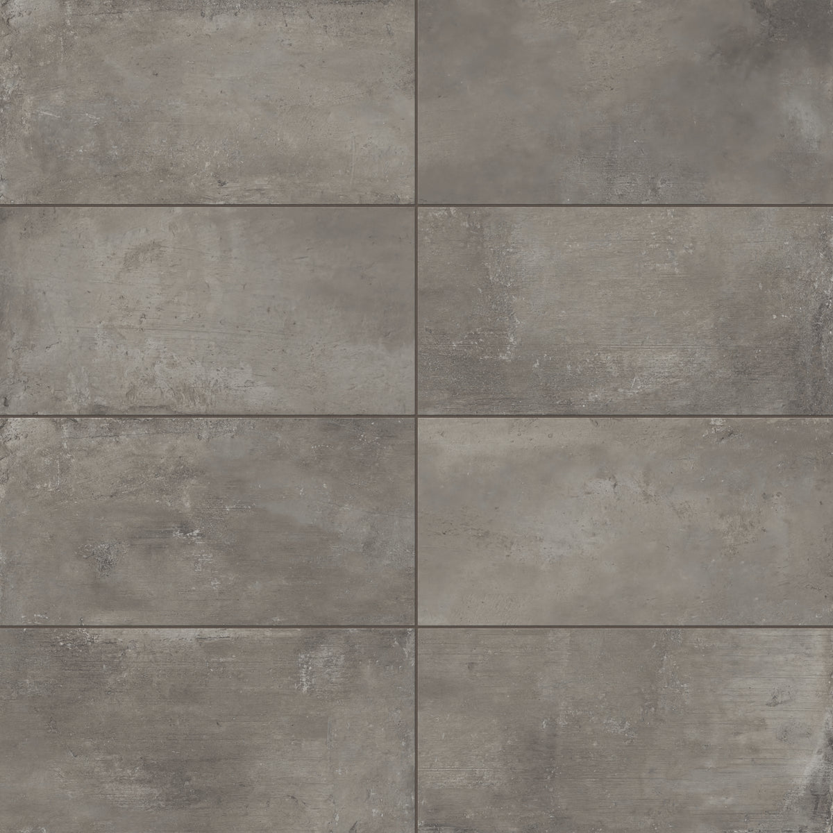12x24 matte porcelain tiles showcasing deep grayish-brown tones and a raw, industrial concrete texture, perfect for contemporary interiors