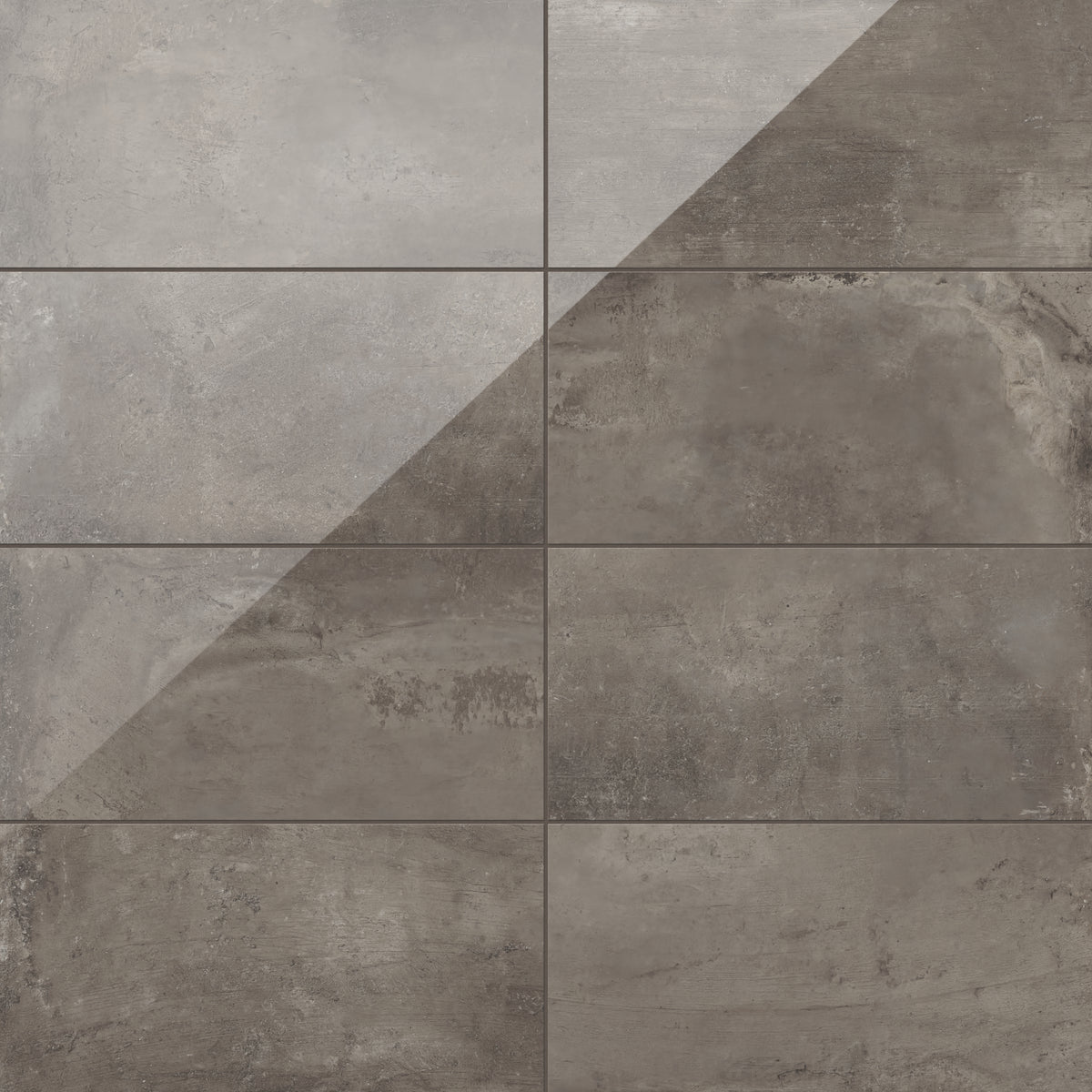 12x24 tiles showcasing a bold dark-toned taupe finish with a high-gloss, polished concrete surface