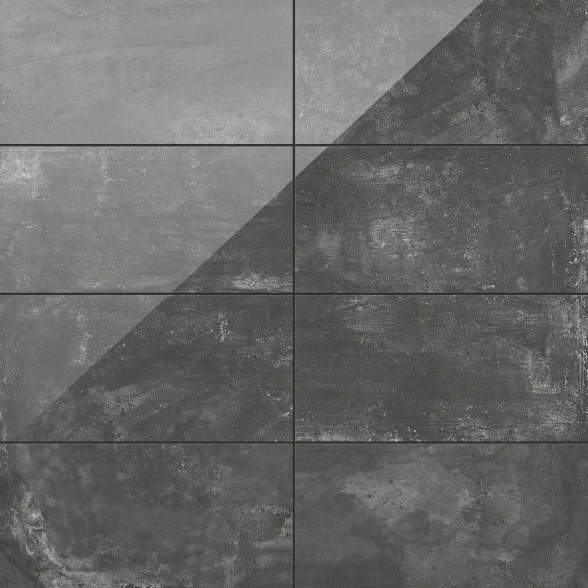 12x24 porcelain tiles in deep dark gray tones with a polished concrete finish, adding bold sophistication to any space
