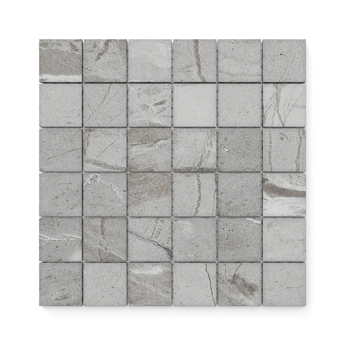 Grey mosaic tiles with a matte finish and intricate veining, designed with a textured surface to bring a sophisticated and modern appeal to any space.