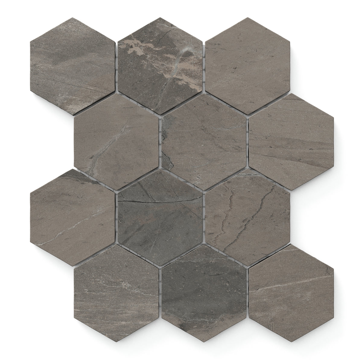 Hexagonal matte porcelain tiles in brown, showcasing natural veining for a modern, organic aesthetic.