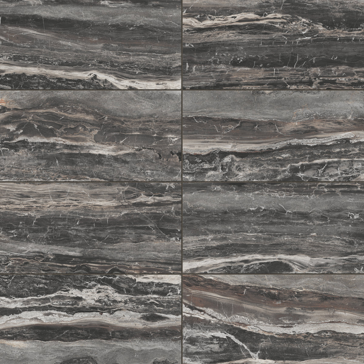 Close-up of Harley Graphite 12x24 matte tiles, featuring brown and dark grey hues with intricate veining for a bold and sophisticated aesthetic.