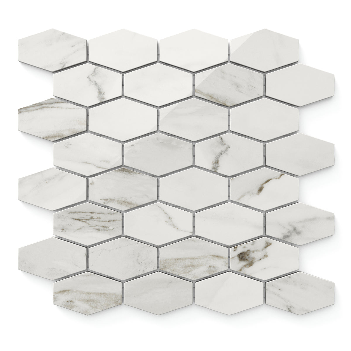 With a sleek white foundation and delicate light grey veins, these Chantel Apuano 12x11 polished hexagonal tiles offer a sophisticated marble effect.