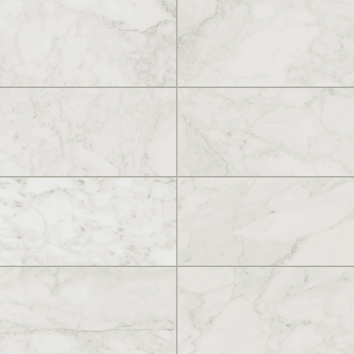 Matte Carrara Bianco porcelain marble look tile in 12x24 format, featuring light grey veining on a bright white base for a classic, versatile design.