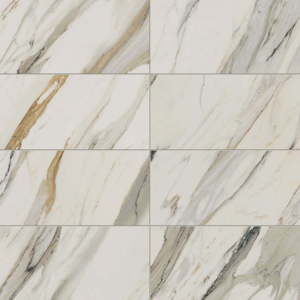 Matte Calacatta Cremo porcelain marble look tile in 12x24 format, featuring warm taupe and light grey veining on a beige base for timeless elegance.