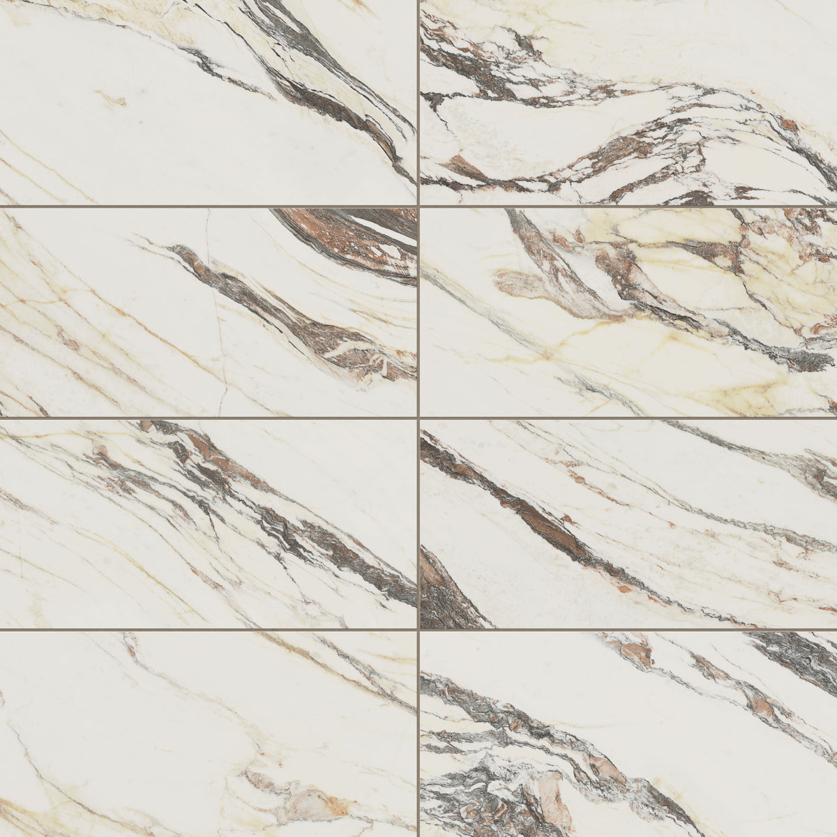 Matte Calacatta Viola porcelain marble look tile in 12x24 format, showcasing dramatic brown and gold veining on a creamy white surface for bold elegance.
