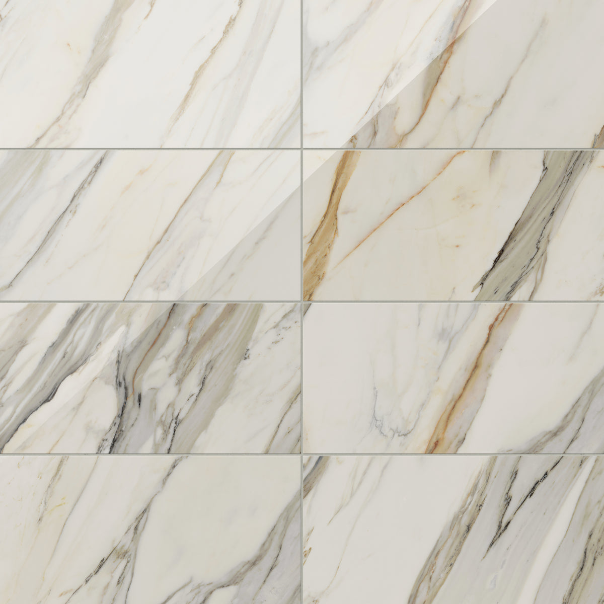 Polished Calacatta Cremo porcelain marble look tile in 12x24 format, featuring taupe and beige veining on a creamy white base for a luxurious finish.