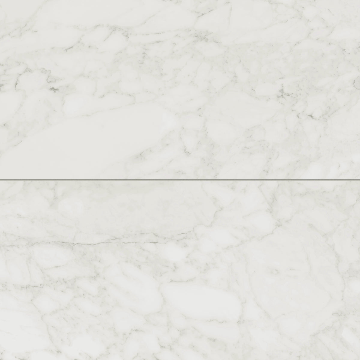 Close-up of Carrara marble look tiles in soft white with light grey veining, perfect for creating a timeless and elegant design.