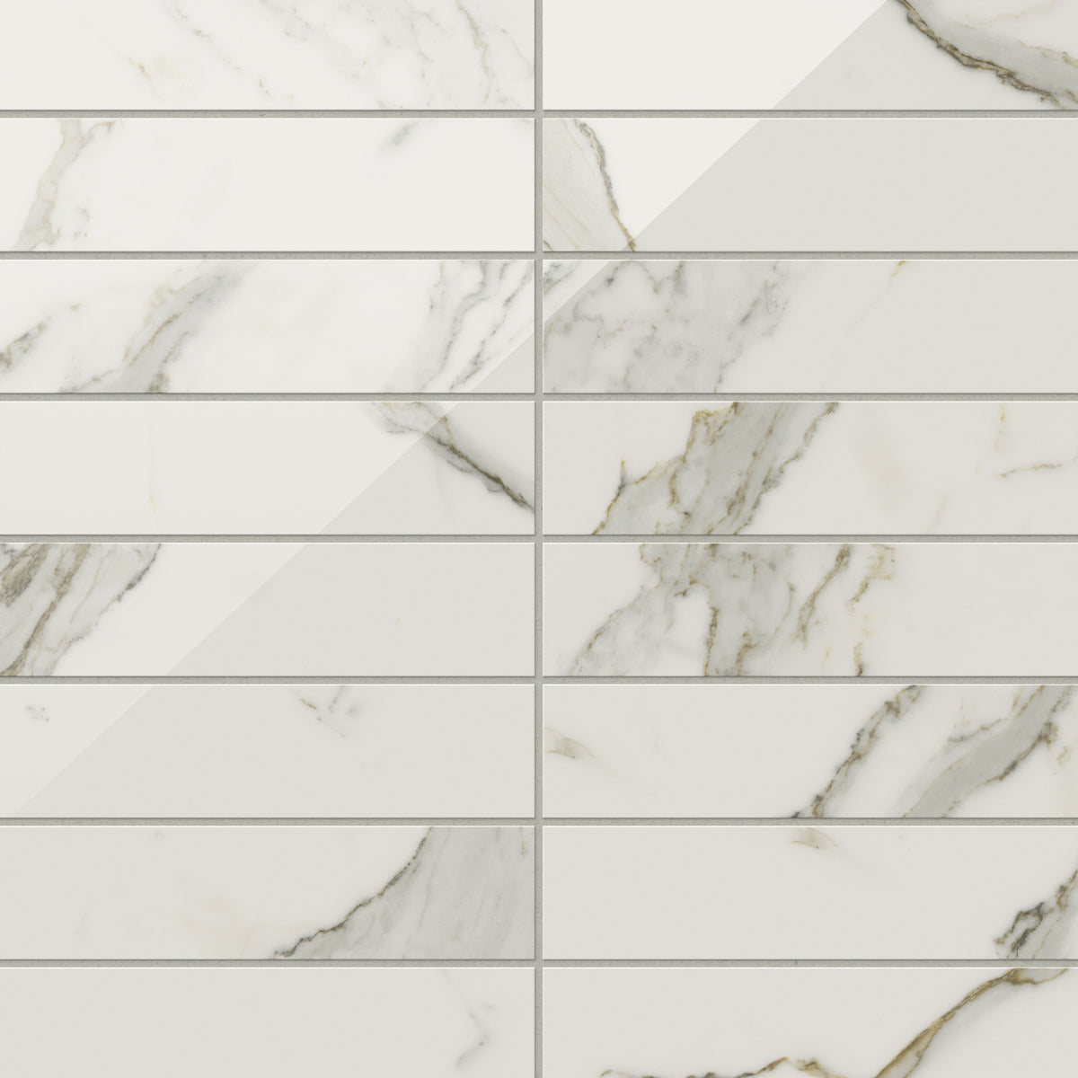 White polished Calacatta marble look subway tiles featuring luxurious light grey and gold veining for a timeless, high-end design.