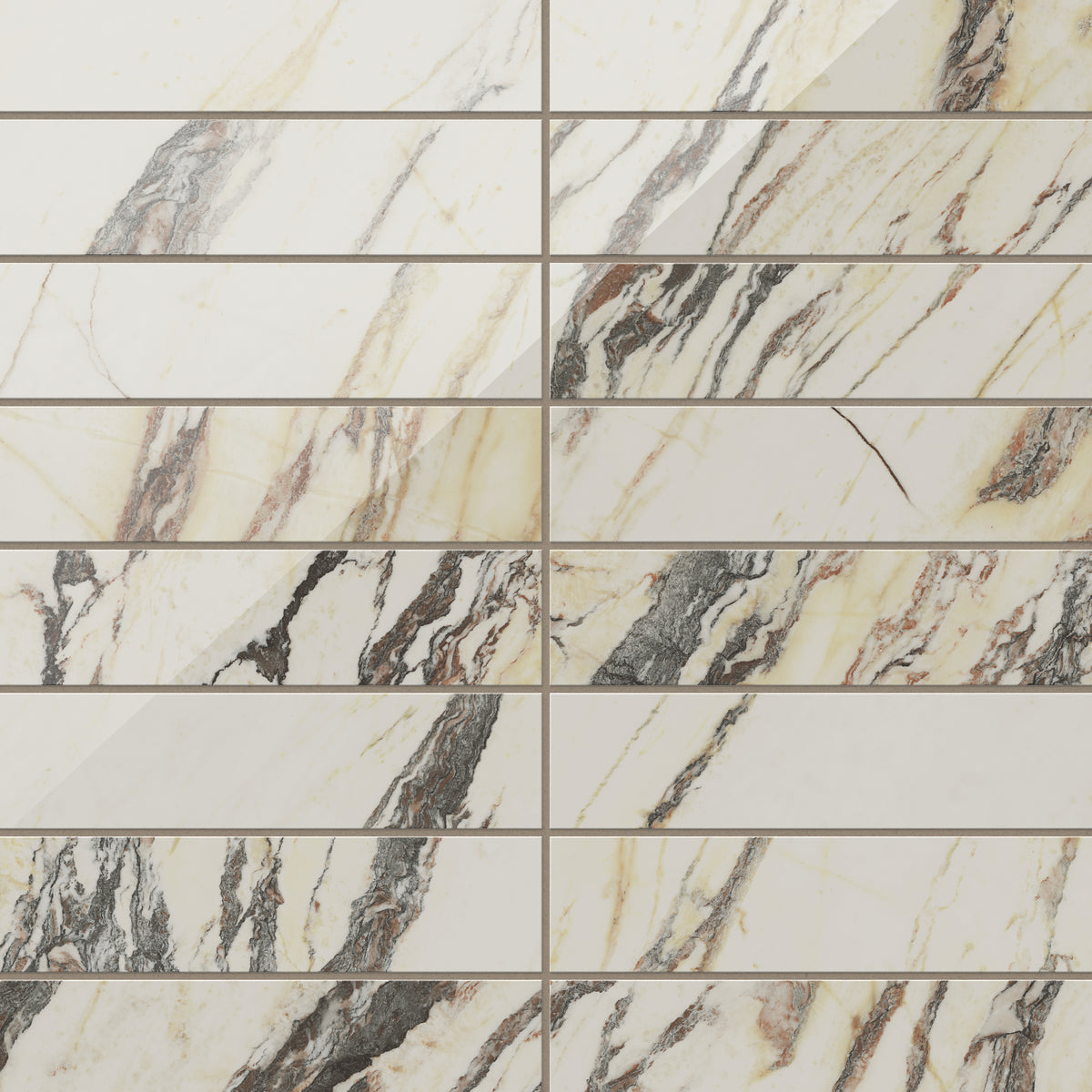 White polished Calacatta Viola subway tiles with a stunning marble look showcasing brown and beige veining for a striking, luxurious finish.