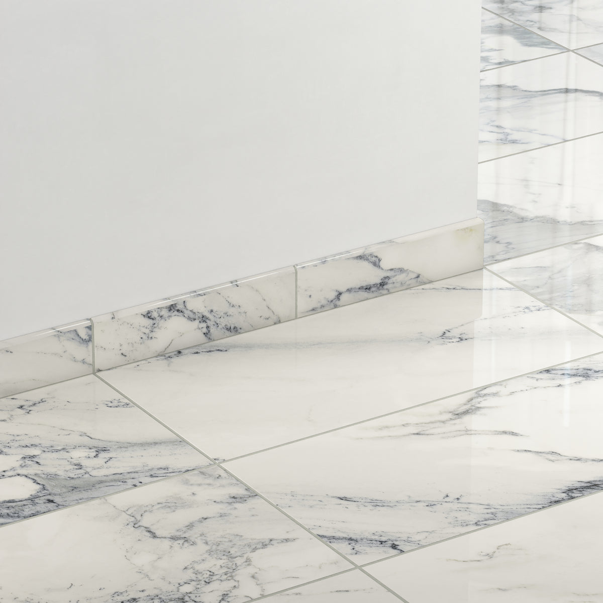 Aniston 3 x 12 Polished Porcelain Bullnose Tile in Calacatta Antico