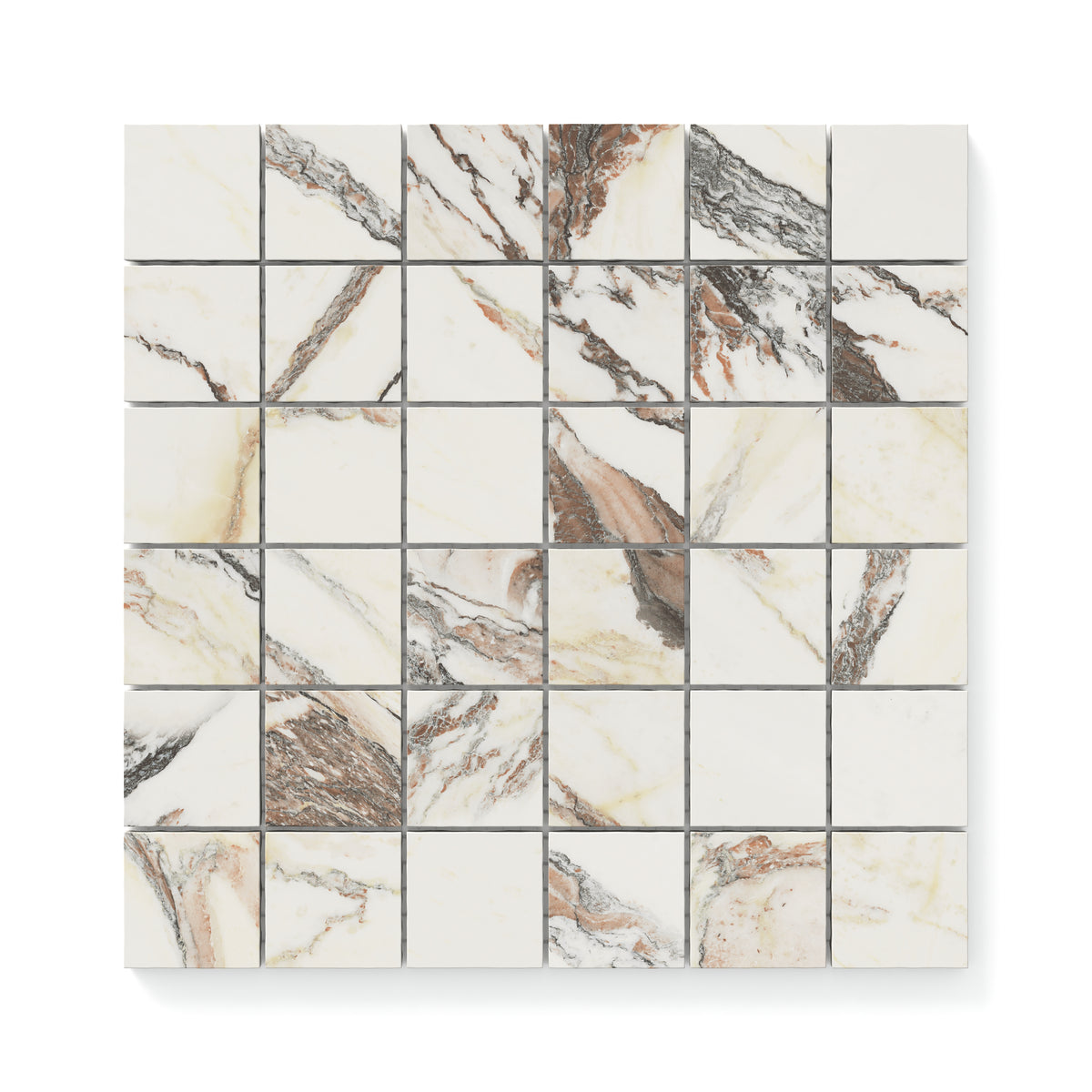 Vibrant 2x2 matte Calacatta Viola mosaic marble look tiles featuring striking veining in warm earth tones of brown and beige, perfect for bold and elegant designs.