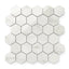 Polished Carrara Bianco hexagon mosaic marble look tiles with light grey veining on white base, offering a timeless and elegant aesthetic for versatile designs.