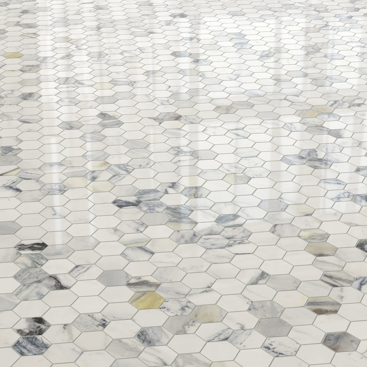 Aniston 2 x 2 Polished Porcelain Hexagon Mosaic Tile in Calacatta Antico