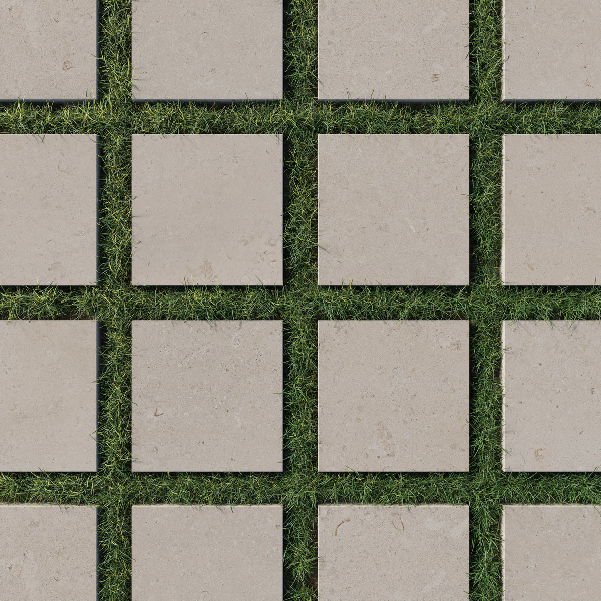 Square porcelain pavers in a natural dune-beige finish, featuring a 12x12 size and 2cm outdoor grip, arranged on lush green grass for a matte-textured outdoor elegance.