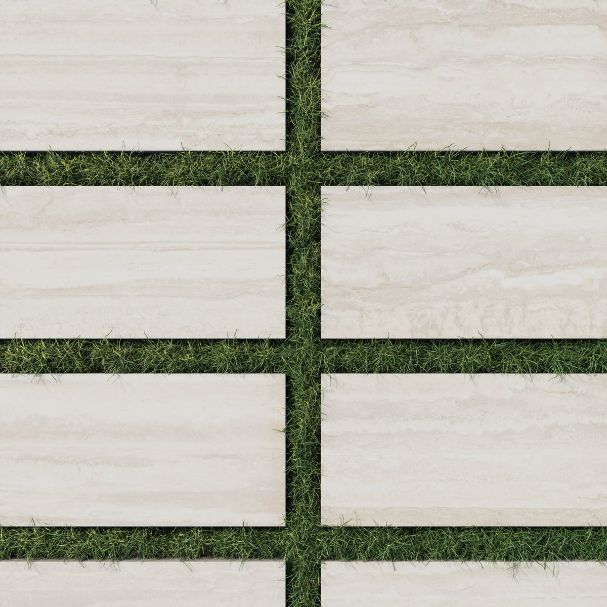 Modern 12x24 soft beige toned porcelain pavers with a 2cm outdoor grip matte finish, elegantly arranged over green grass for a clean outdoor aesthetic.
