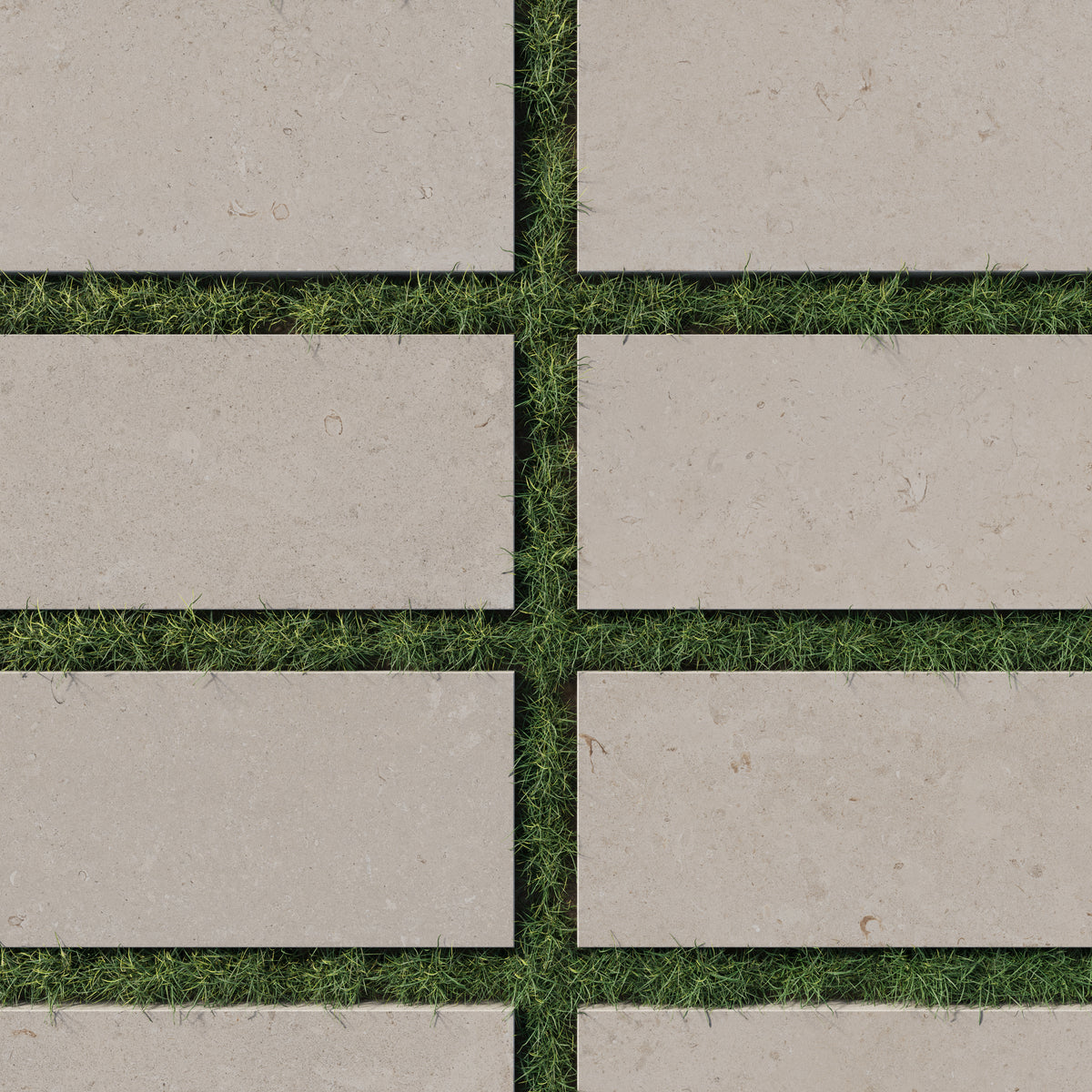 12x24 dune-beige porcelain tiles with a 2cm thickness and matte grip finish, arranged on lush green grass, perfect for stylish outdoor pathways.