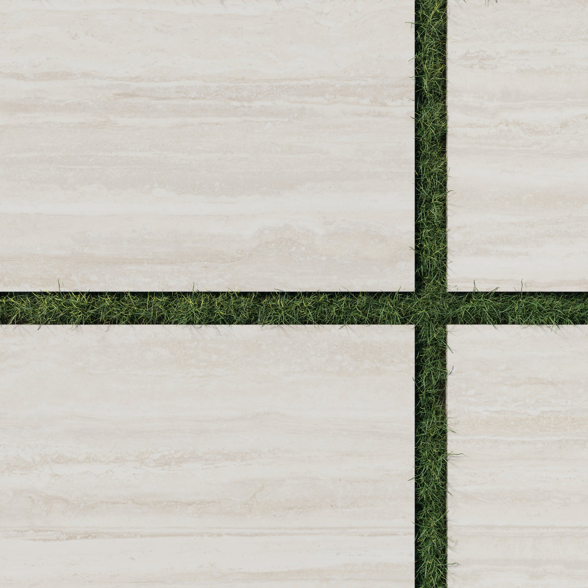 Close-up of Wren 24x36 grip porcelain 2cm paver tiles in oat, showcasing light cream tones with soft striations, arranged with lush green grass for a refined outdoor look.