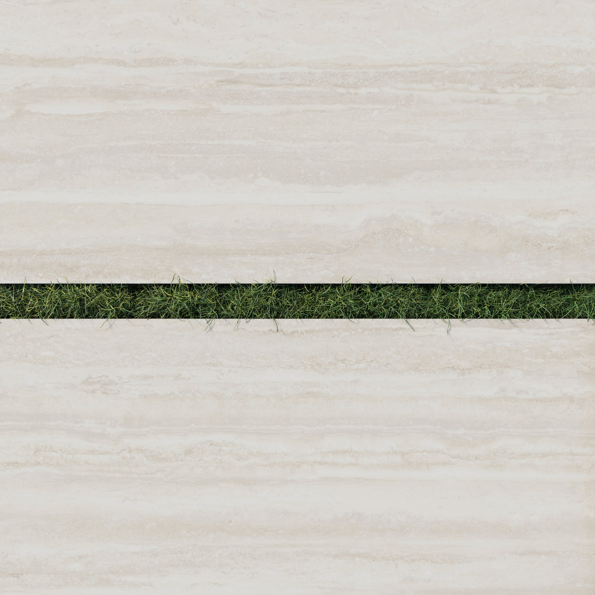 Close-up of Wren 24x48 2cm matte porcelain oat tiles in a soft beige tone, separated by strips of lush green grass for a harmonious outdoor design.