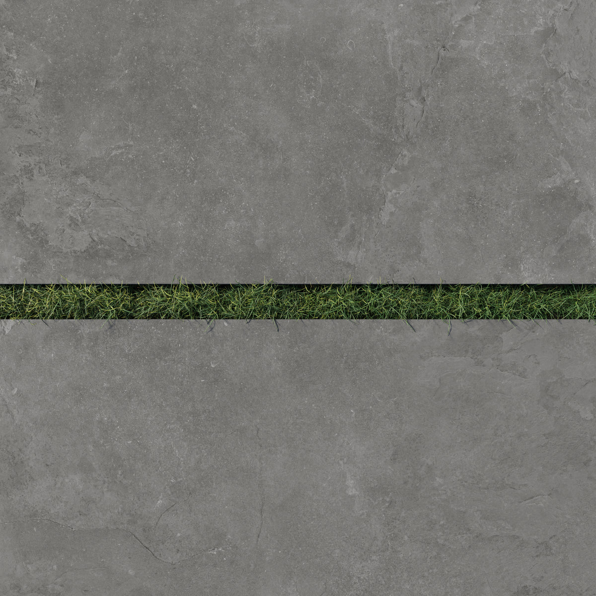 Detailed view of Wren 24x48 2cm matte charcoal tiles with a sleek dark gray finish, paired with vibrant green grass for a striking outdoor contrast.