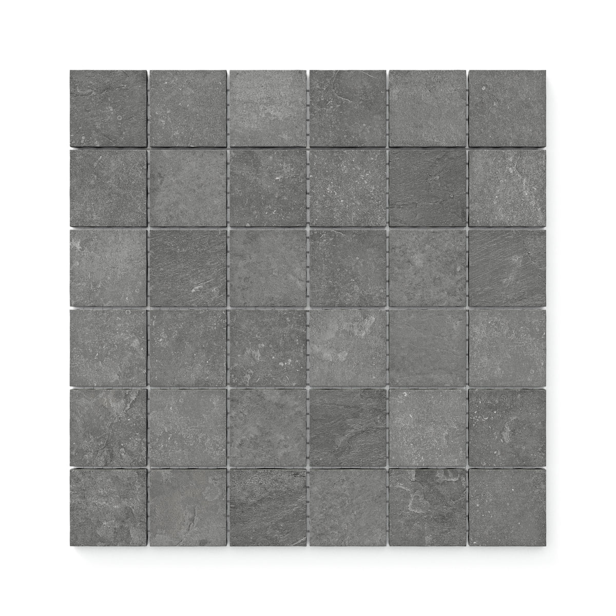Wren Charcoal 2x2 matte porcelain mosaic tiles, showcasing their textured surface and versatile design for modern interiors.