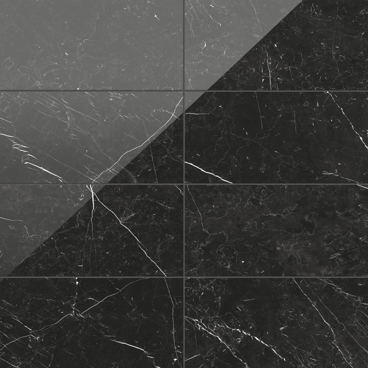 Leona 12x24 polished porcelain tile in Nero Marquina, showcasing a sleek black surface with dramatic white veining.