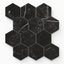 Leona Nero Marquina 3x3 hexagon mosaic matte tile, featuring bold black marble with subtle white veining for a refined, modern look.