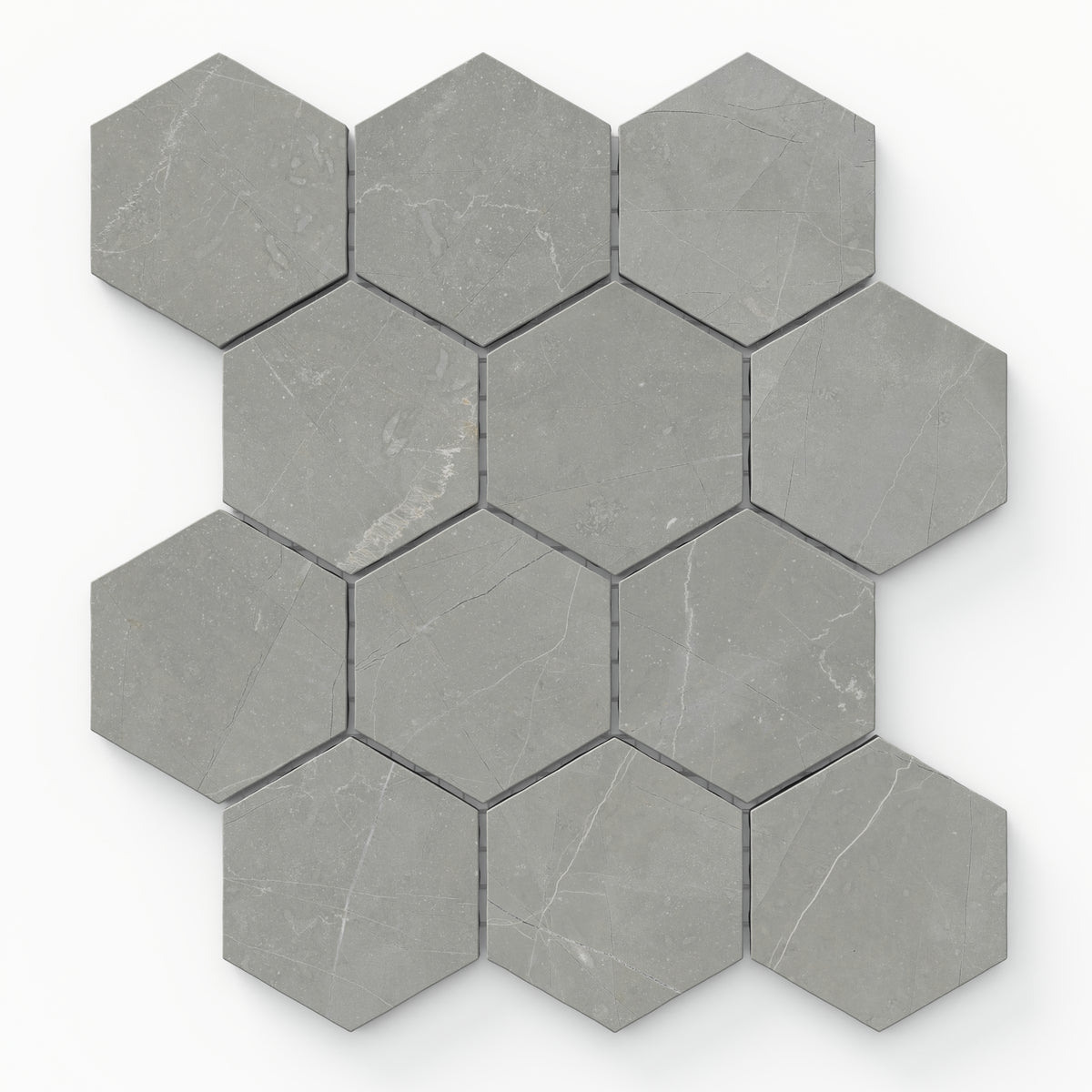 Leona Amani Grey 3x3 hexagon mosaic matte tile features a sleek grey finish with subtle veining, perfect for adding a modern touch to any space.