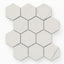 Leona Calacatta 3x3 hexagon mosaic tile in a matte finish, showcasing soft white tones with subtle gray veining for timeless elegance.