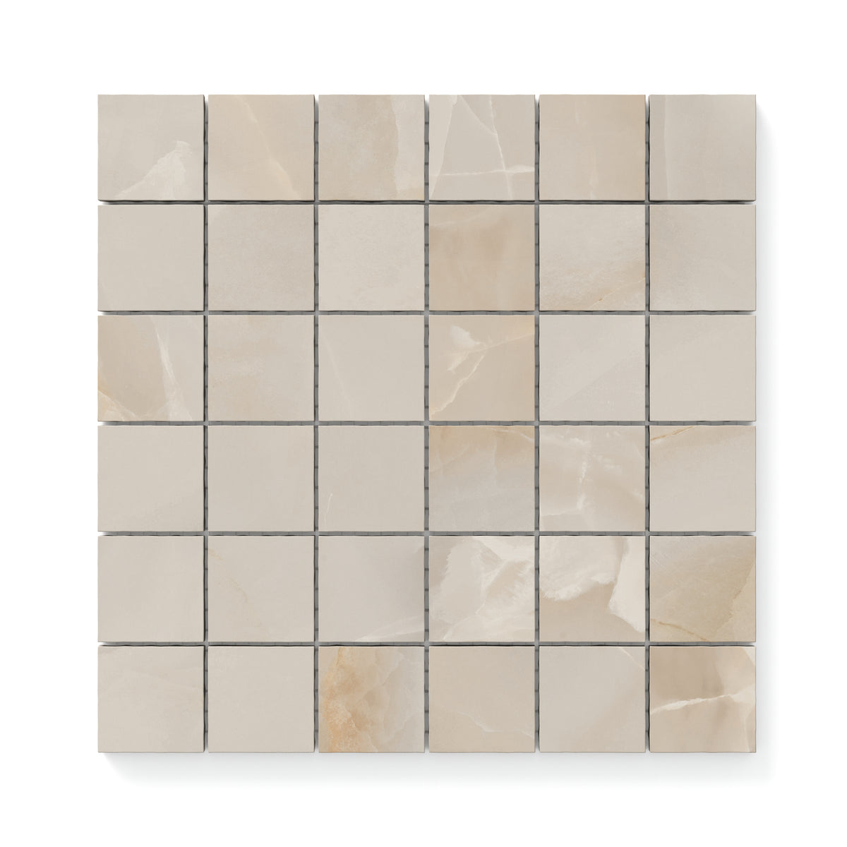 Astrid 2x2 matte porcelain mosaic tile in Sand, showcasing warm beige tones and a subtle marble-inspired veining in a mosaic design.
